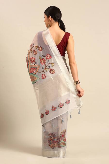 Shop Sayisha White Silk Mor Bagh Saree With Running Blouse at Aza Fashions Shop_Sayisha_White Silk Mor Bagh Saree With Running Blouse_at_Aza_Fashions