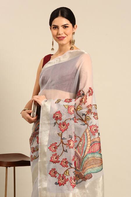 Sayisha White Silk Mor Bagh Saree With Running Blouse Online at Aza Fashions Sayisha_White Silk Mor Bagh Saree With Running Blouse_Online_at_Aza_Fashions
