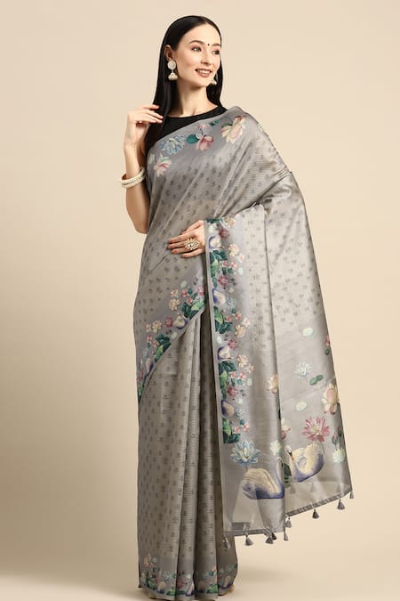 Buy_Sayisha_Grey Silk Floral And Bird Motif Saree With Running Blouse_Online_at_Aza_Fashions