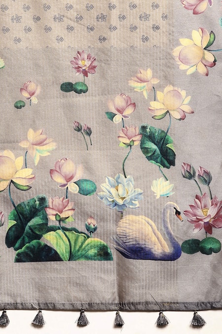 Sayisha_Grey Silk Floral And Bird Motif Saree With Running Blouse_at_Aza_Fashions