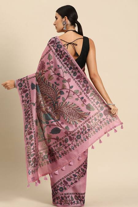 Shop Sayisha Pink Linen Blend Floral Vine Pattern Saree With Running Blouse at Aza Fashions Shop_Sayisha_Pink Linen Blend Floral Vine Pattern Saree With Running Blouse_at_Aza_Fashions