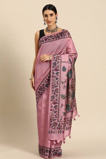Buy Sayisha Pink Linen Blend Floral Vine Pattern Saree With Running Blouse Online at Aza Fashions Buy_Sayisha_Pink Linen Blend Floral Vine Pattern Saree With Running Blouse_Online_at_Aza_Fashions