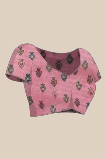 Shop Sayisha Pink Linen Blend Floral Vine Pattern Saree With Running Blouse Shop_Sayisha_Pink Linen Blend Floral Vine Pattern Saree With Running Blouse