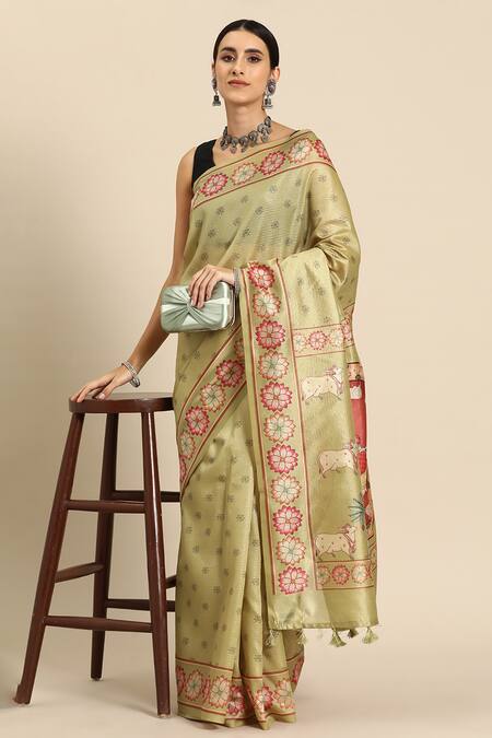 Buy_Sayisha_Green Silk Floral Motif Saree With Running Blouse_Online_at_Aza_Fashions