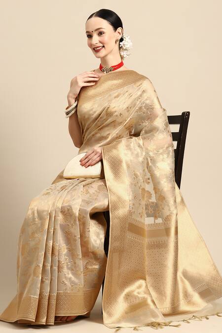 Buy Sayisha Beige Silk Floral Pattern Woven Saree With Running Blouse Online at Aza Fashions Buy_Sayisha_Beige Silk Floral Pattern Woven Saree With Running Blouse_Online_at_Aza_Fashions