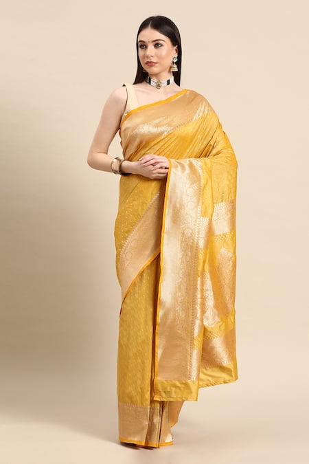 Buy Yellow Silk Zari Woven Border Saree With Running Blouse For
