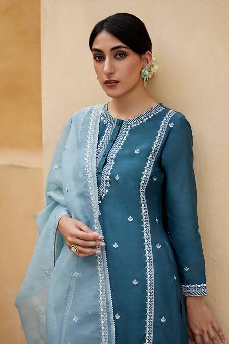 Seher Jaipur Blue Muslin, Silk Embroidery Round Neck Adya Floral Straight Kurta Set Online at Aza Fashions Seher Jaipur_Blue Muslin, Silk Embroidery Round Neck Adya Floral Straight Kurta Set _Online_at_Aza_Fashions