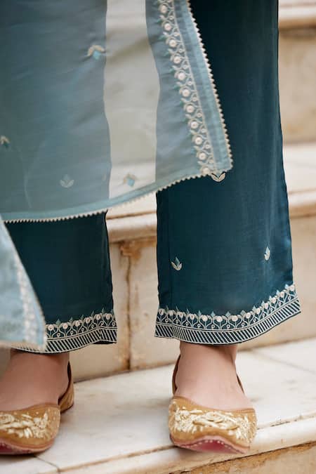 Shop Seher Jaipur Blue Muslin, Silk Embroidery Round Neck Adya Floral Straight Kurta Set Online at Aza Fashions Shop_Seher Jaipur_Blue Muslin, Silk Embroidery Round Neck Adya Floral Straight Kurta Set _Online_at_Aza_Fashions