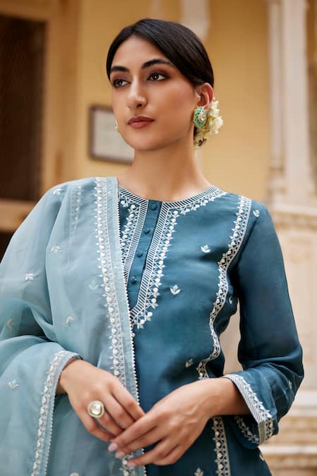 Seher Jaipur Blue Muslin, Silk Embroidery Round Neck Adya Floral Straight Kurta Set at Aza Fashions Seher Jaipur_Blue Muslin, Silk Embroidery Round Neck Adya Floral Straight Kurta Set _at_Aza_Fashions