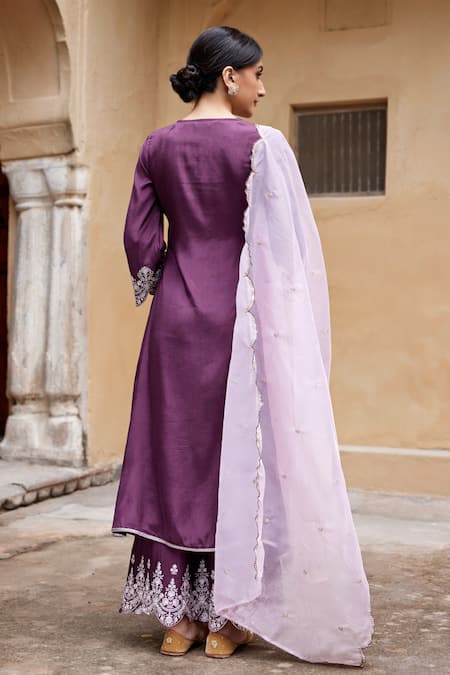 Shop_Seher Jaipur_Purple Muslin Silk Embroidery Cut-work V Neck Aiza Gathered Kurta Set _at_Aza_Fashions