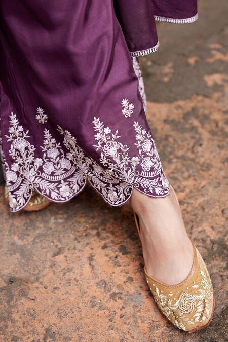 Shop_Seher Jaipur_Purple Muslin Silk Embroidery Cut-work V Neck Aiza Gathered Kurta Set _Online_at_Aza_Fashions