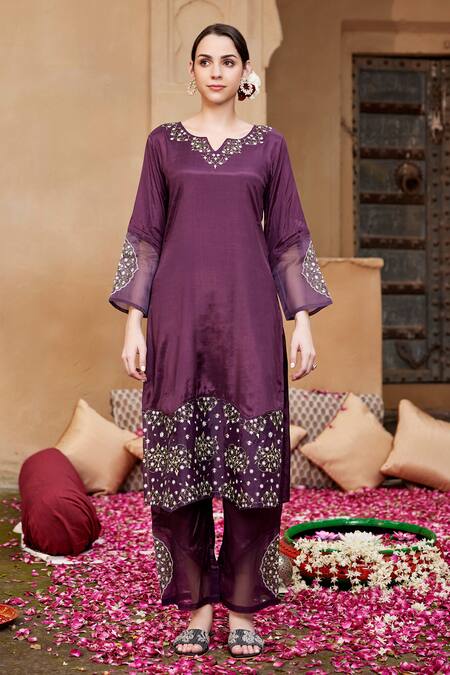Buy_Seher Jaipur_Purple Muslin, Silk Embroidery V-neck Aiza Kurta Set 