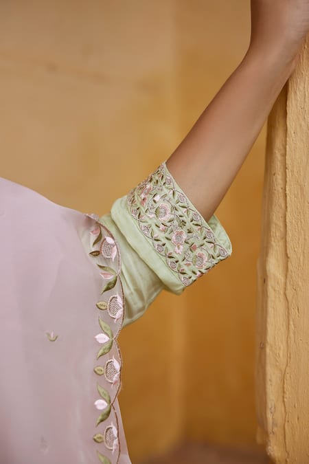 Shop_Seher Jaipur_Green Muslin, Silk, Chiffon Embroidery V-neck Amaira Floral Gathered Kurta Set _Online_at_Aza_Fashions