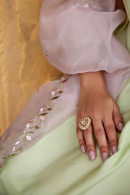 Seher Jaipur_Green Muslin, Silk, Chiffon Embroidery V-neck Amaira Floral Gathered Kurta Set _at_Aza_Fashions