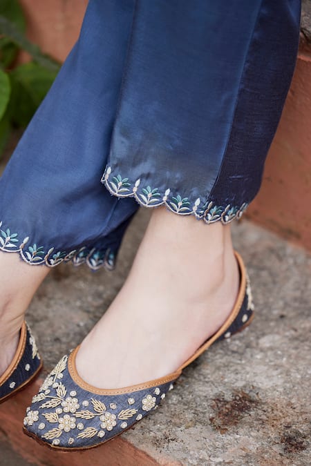 Shop_Seher Jaipur_Blue Muslin, Silk Embroidery Round Neck Amena Floral Kurta Set _Online_at_Aza_Fashions