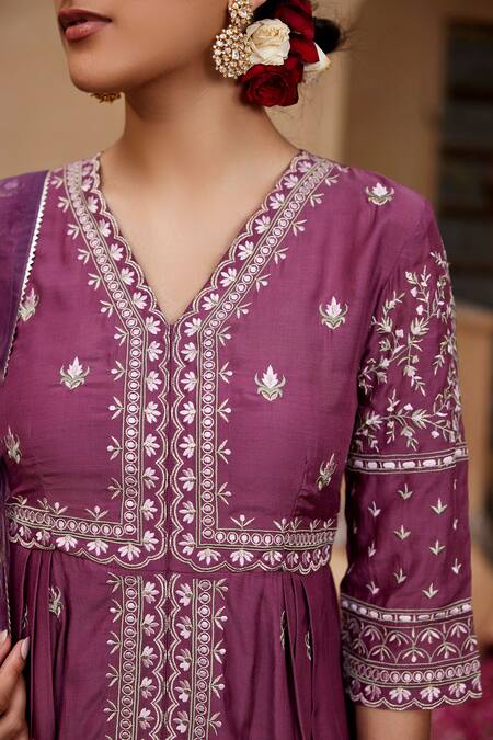 Buy_Seher Jaipur_Purple Muslin, Silk Embroidery V-neck Anam Asymmetric Anarkali Set _Online_at_Aza_Fashions