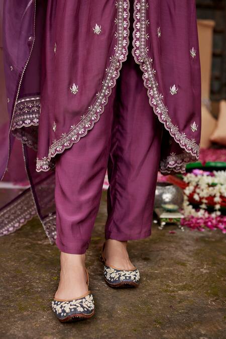 Shop_Seher Jaipur_Purple Muslin, Silk Embroidery V-neck Anam Asymmetric Anarkali Set _Online_at_Aza_Fashions