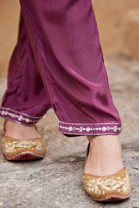 Shop_Seher Jaipur_Purple Muslin, Silk Embroidery V-neck Arisha Floral Kurta Set _Online_at_Aza_Fashions