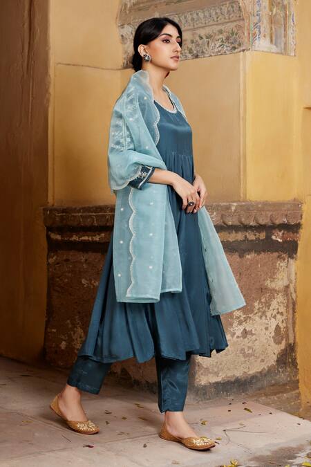 Buy_Seher Jaipur_Blue Muslin, Silk Embroidery Round Neck Inaya Floral Sleeve Anarkali Set _Online_at_Aza_Fashions