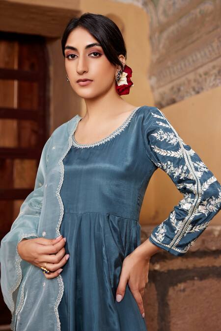Shop_Seher Jaipur_Blue Muslin, Silk Embroidery Round Neck Inaya Floral Sleeve Anarkali Set _Online_at_Aza_Fashions