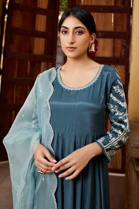 Shop_Seher Jaipur_Blue Muslin, Silk Embroidery Round Neck Inaya Floral Sleeve Anarkali Set 