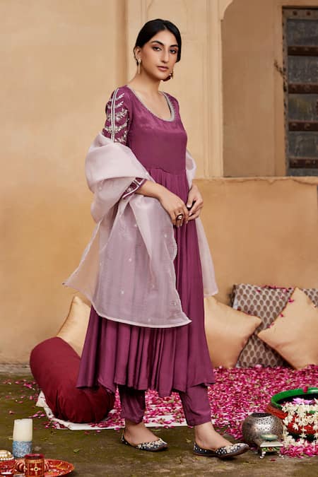 Seher Jaipur_Purple Muslin, Silk, Chiffon Embroidery Inaya Floral Sleeve Anarkali Pant Set _Online_at_Aza_Fashions