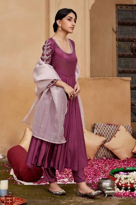 Buy_Seher Jaipur_Purple Muslin, Silk, Chiffon Embroidery Inaya Floral Sleeve Anarkali Pant Set _Online_at_Aza_Fashions