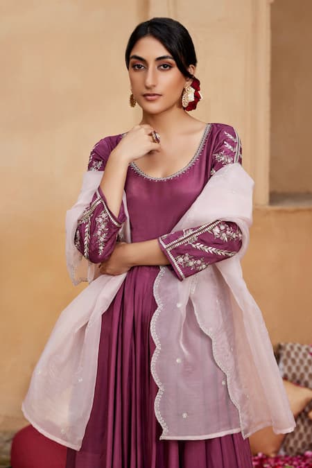 Shop_Seher Jaipur_Purple Muslin, Silk, Chiffon Embroidery Inaya Floral Sleeve Anarkali Pant Set _Online_at_Aza_Fashions