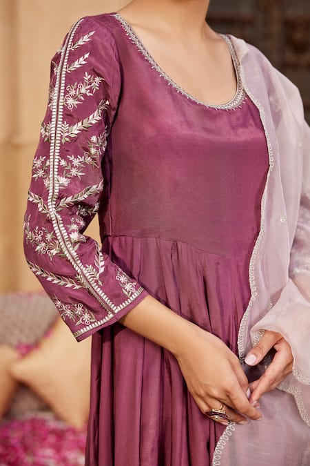 Seher Jaipur_Purple Muslin, Silk, Chiffon Embroidery Inaya Floral Sleeve Anarkali Pant Set _at_Aza_Fashions