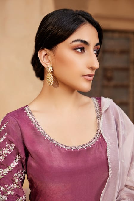 Buy_Seher Jaipur_Purple Muslin, Silk, Chiffon Embroidery Inaya Floral Sleeve Anarkali Pant Set 