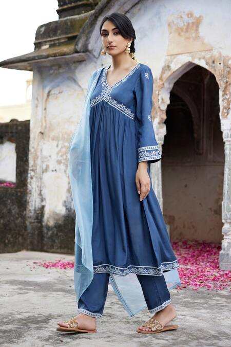 Buy_Seher Jaipur_Blue Muslin, Silk Embroidery V-neck Sofia Floral Anarkali Set _Online_at_Aza_Fashions
