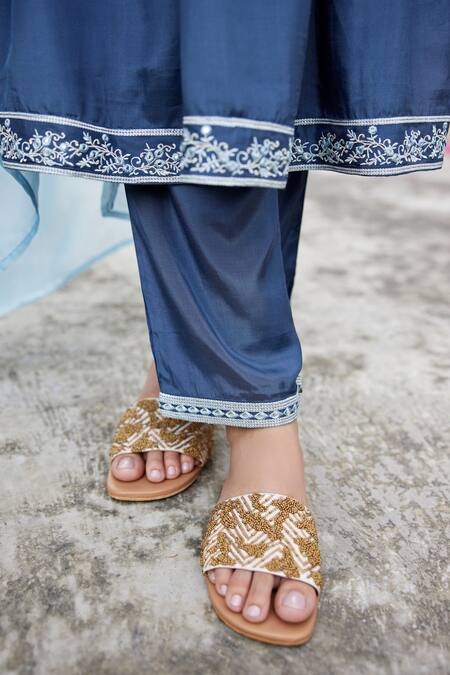 Shop_Seher Jaipur_Blue Muslin, Silk Embroidery V-neck Sofia Floral Anarkali Set _Online_at_Aza_Fashions