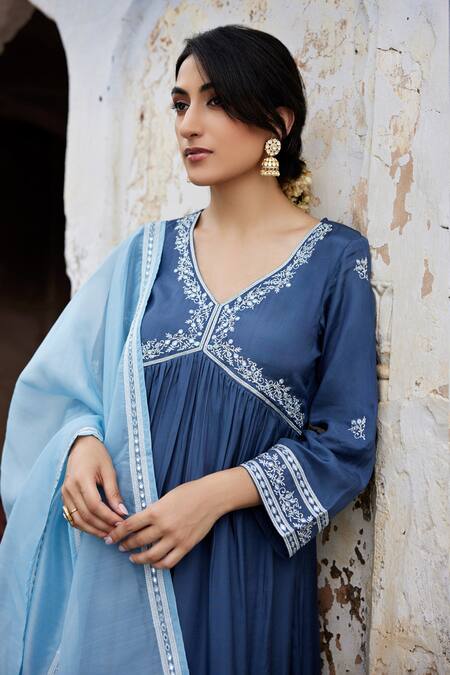 Seher Jaipur_Blue Muslin, Silk Embroidery V-neck Sofia Floral Anarkali Set _at_Aza_Fashions