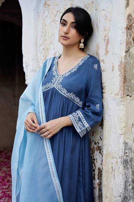 Buy_Seher Jaipur_Blue Muslin, Silk Embroidery V-neck Sofia Floral Anarkali Set 