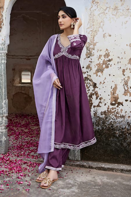Buy_Seher Jaipur_Purple Muslin, Silk Embroidery V-neck Sofia Floral Anarkali Pant Set _Online_at_Aza_Fashions