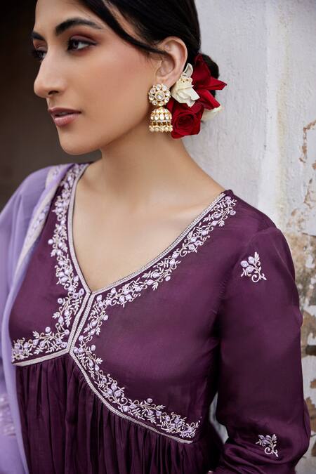 Shop_Seher Jaipur_Purple Muslin, Silk Embroidery V-neck Sofia Floral Anarkali Pant Set _Online_at_Aza_Fashions