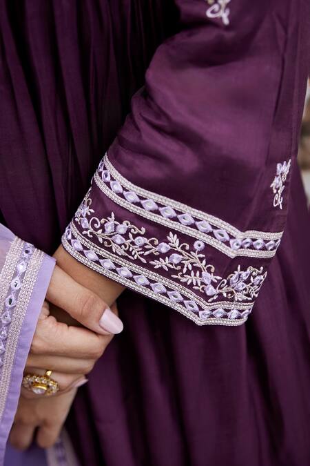 Seher Jaipur_Purple Muslin, Silk Embroidery V-neck Sofia Floral Anarkali Pant Set _at_Aza_Fashions
