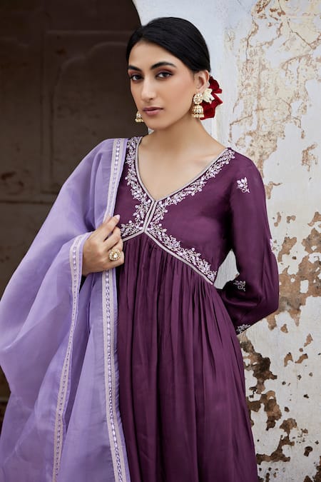 Buy_Seher Jaipur_Purple Muslin, Silk Embroidery V-neck Sofia Floral Anarkali Pant Set 