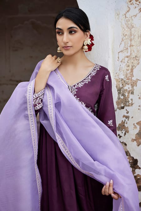 Shop_Seher Jaipur_Purple Muslin, Silk Embroidery V-neck Sofia Floral Anarkali Pant Set 