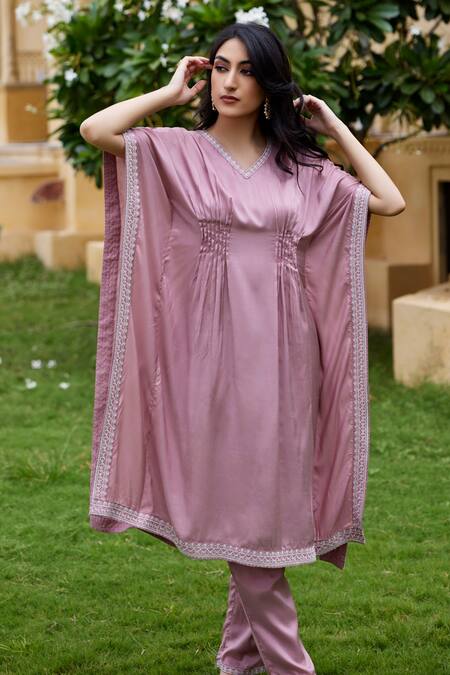 Buy_Seher Jaipur_Purple Muslin, Silk Embroidery V-neck Syra Border Kaftan And Pant Set _Online_at_Aza_Fashions