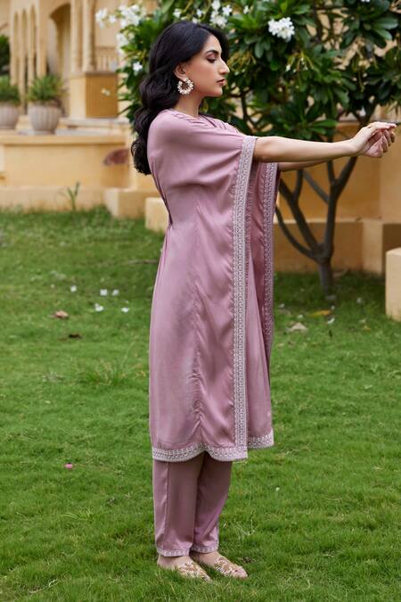 Shop_Seher Jaipur_Purple Muslin, Silk Embroidery V-neck Syra Border Kaftan And Pant Set _Online_at_Aza_Fashions