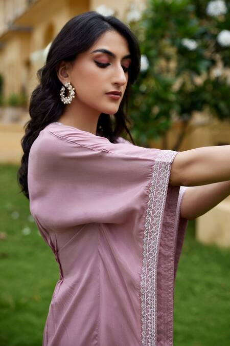Seher Jaipur_Purple Muslin, Silk Embroidery V-neck Syra Border Kaftan And Pant Set _at_Aza_Fashions