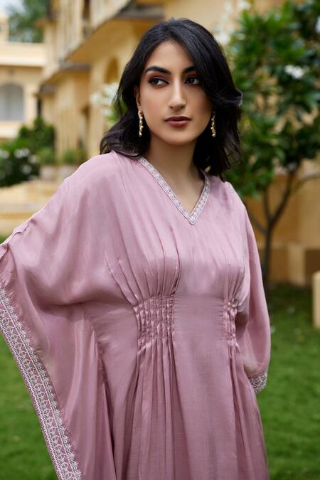Shop_Seher Jaipur_Purple Muslin, Silk Embroidery V-neck Syra Border Kaftan And Pant Set 