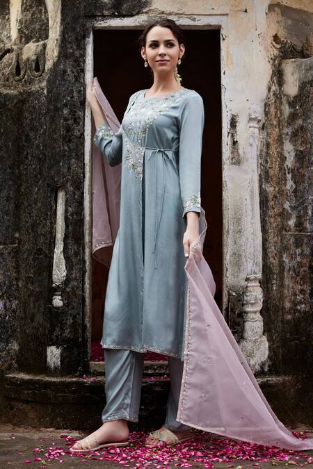 Seher Jaipur_Blue Muslin, Silk Embroidery Round Neck Zara Thread Angarkha Pant Set _Online_at_Aza_Fashions