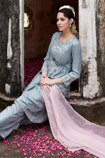 Shop_Seher Jaipur_Blue Muslin, Silk Embroidery Round Neck Zara Thread Angarkha Pant Set _Online_at_Aza_Fashions