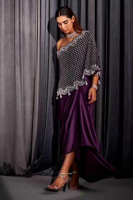 Buy Studio22 By Pulkita Arora Bajaj Purple Jaal Hand Embroidered One Shoulder Cape Set Online at Aza Fashions Buy_Studio22 By Pulkita Arora Bajaj_Purple Jaal Hand Embroidered One Shoulder Cape Set _Online_at_Aza_Fashions