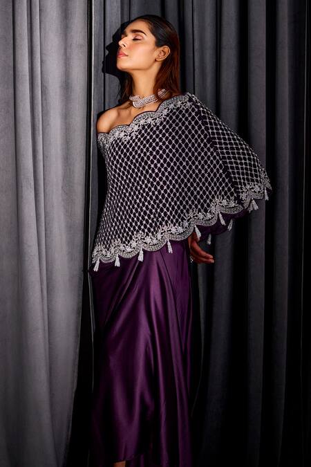 Shop Studio22 By Pulkita Arora Bajaj Purple Jaal Hand Embroidered One Shoulder Cape Set Online at Aza Fashions Shop_Studio22 By Pulkita Arora Bajaj_Purple Jaal Hand Embroidered One Shoulder Cape Set _Online_at_Aza_Fashions