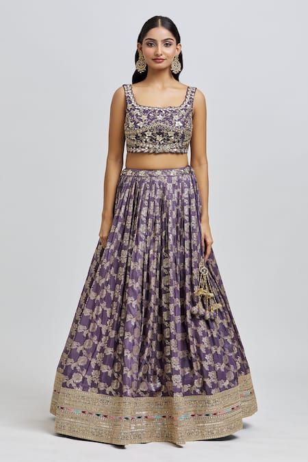 Buy Meenagurnam Purple Silk, Jacquard, Net Beads, Mirrors, Sequins, Floral Pattern Lehenga Set Online at Aza Fashions Buy_Meenagurnam_Purple Silk, Jacquard, Net Beads, Mirrors, Sequins, Floral Pattern Lehenga Set _Online_at_Aza_Fashions