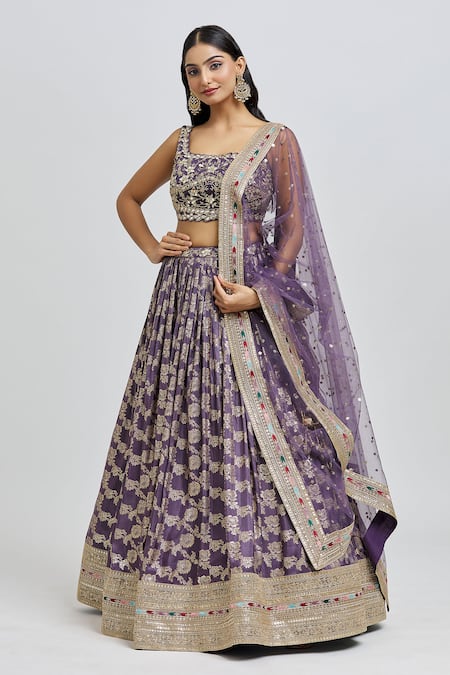Meenagurnam Purple Silk, Jacquard, Net Beads, Mirrors, Sequins, Floral Pattern Lehenga Set at Aza Fashions Meenagurnam_Purple Silk, Jacquard, Net Beads, Mirrors, Sequins, Floral Pattern Lehenga Set _at_Aza_Fashions