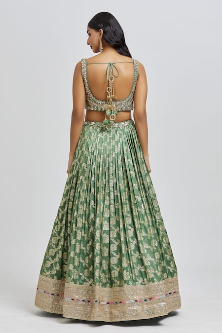 Shop_Meenagurnam_Green Silk, Net, Jacquard Beads, Mirrors, Floral Blossom Pattern Lehenga Set _at_Aza_Fashions